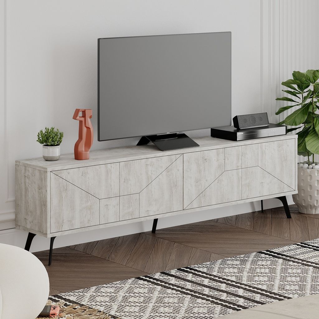 Tv állvány, antikolt fehér, fekete fém lábakkal, 180cm - zola - butopêa